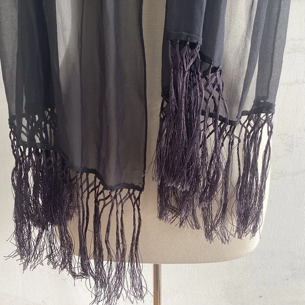 Echo Sheer Gray Silk Scarf with Knotted Fringe
